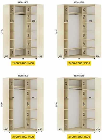 Схемы организации наполнения шкафа-купе прямой и угловой конфигурации