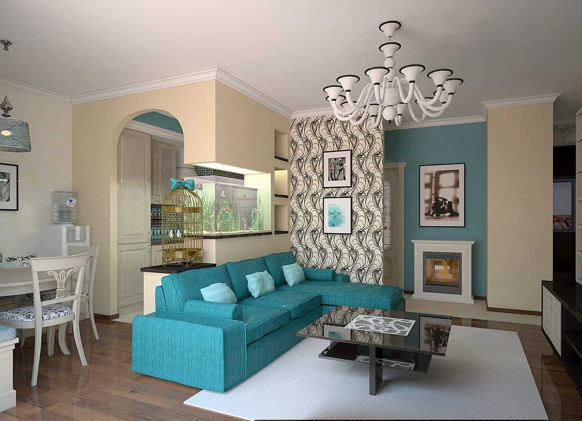 Бирюзовый диван в интерьере гостиной