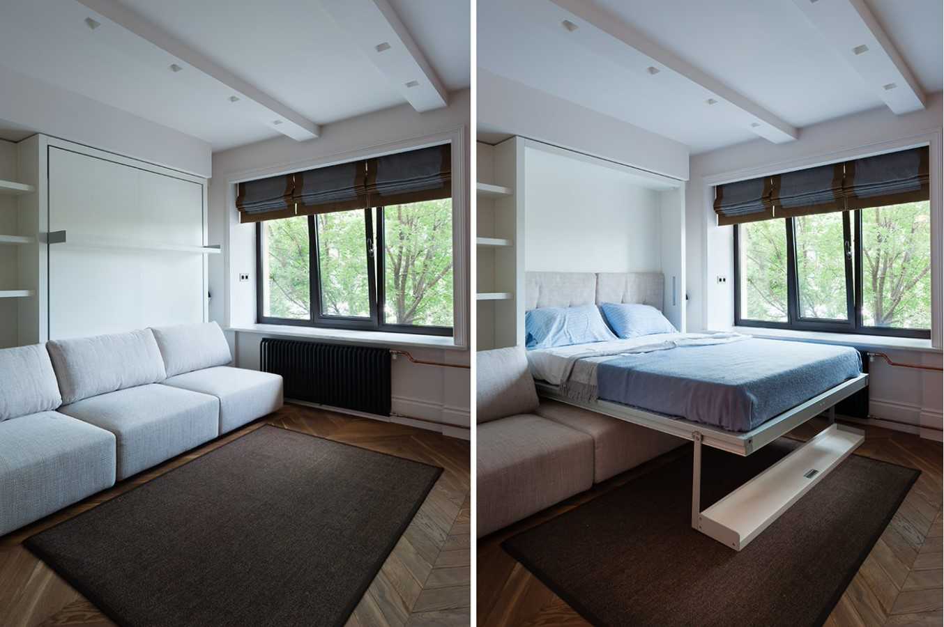 Интерьер комнаты в однокомнатной квартире с кроватью, примеры дизайна с двуспальной кроватью